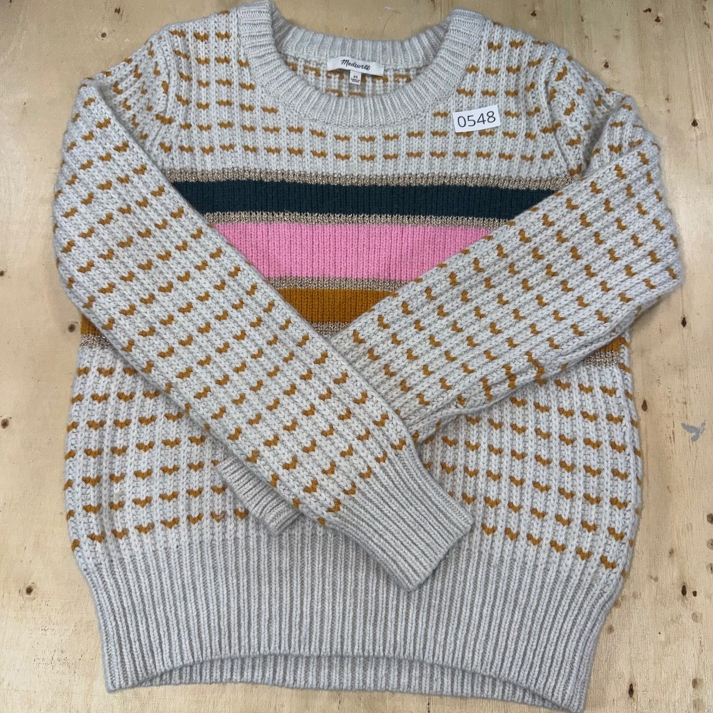 Madewell Womens XS Gray Fair Isle Heart Striped Metallic Knit Crewneck Sweater